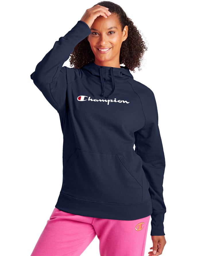 Champion Womens Hoodie NZ - Powerblend Fleece Script Logo Navy ( 7893-NSZVE )